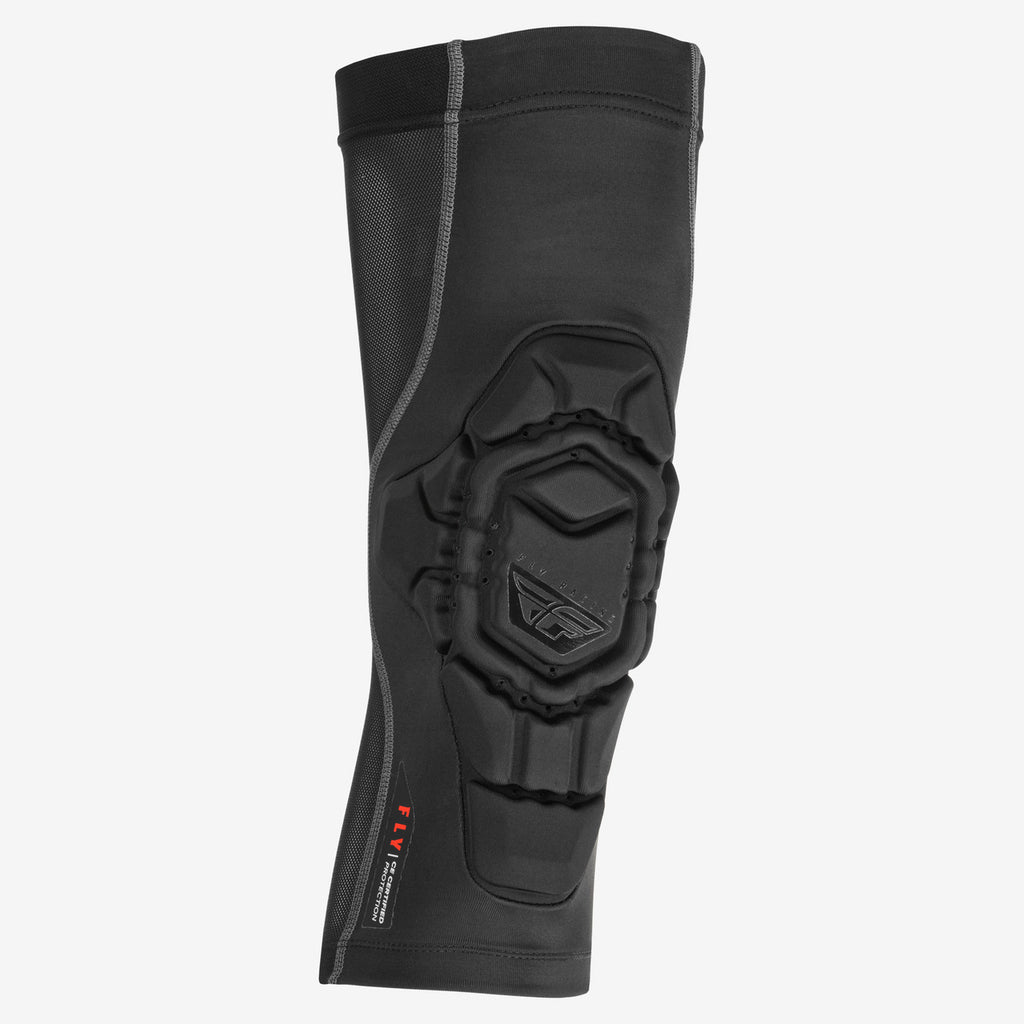 Rodilleras Fly Racing Barricade Lite negras, vista frontal del protector HDM certificado CE Nivel 1