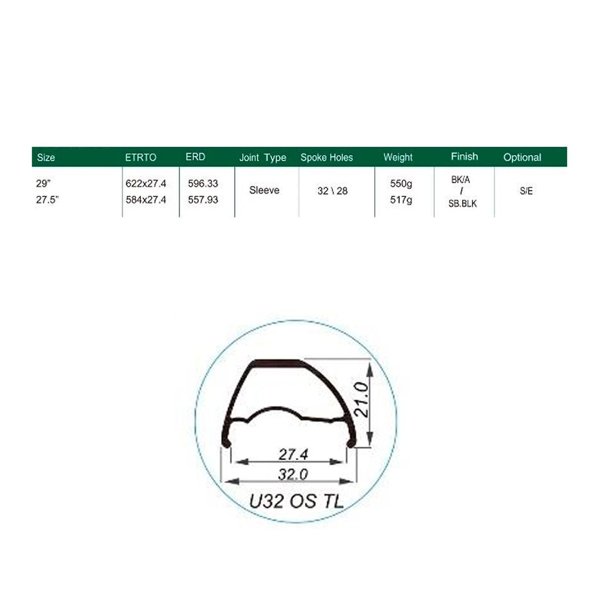 Llanta Weinmann aro 27.5 - U32 OS TL negra 28H FV