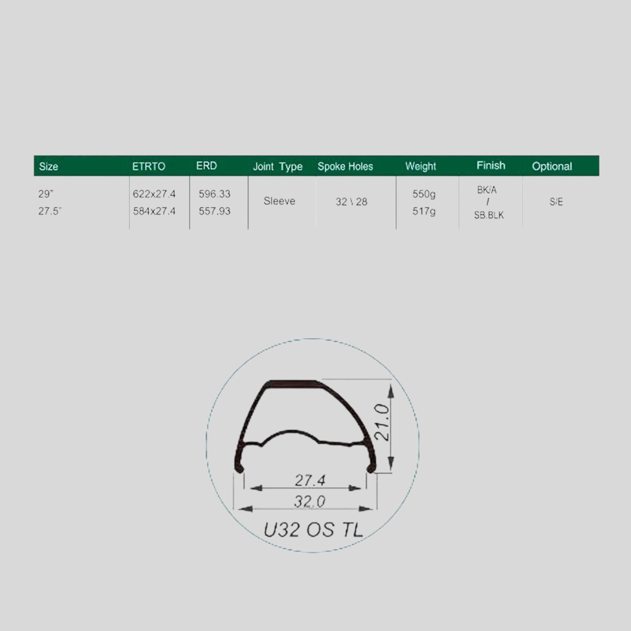 Llanta Weinmann aro 27.5 - U32 OS TL negra 28H FV