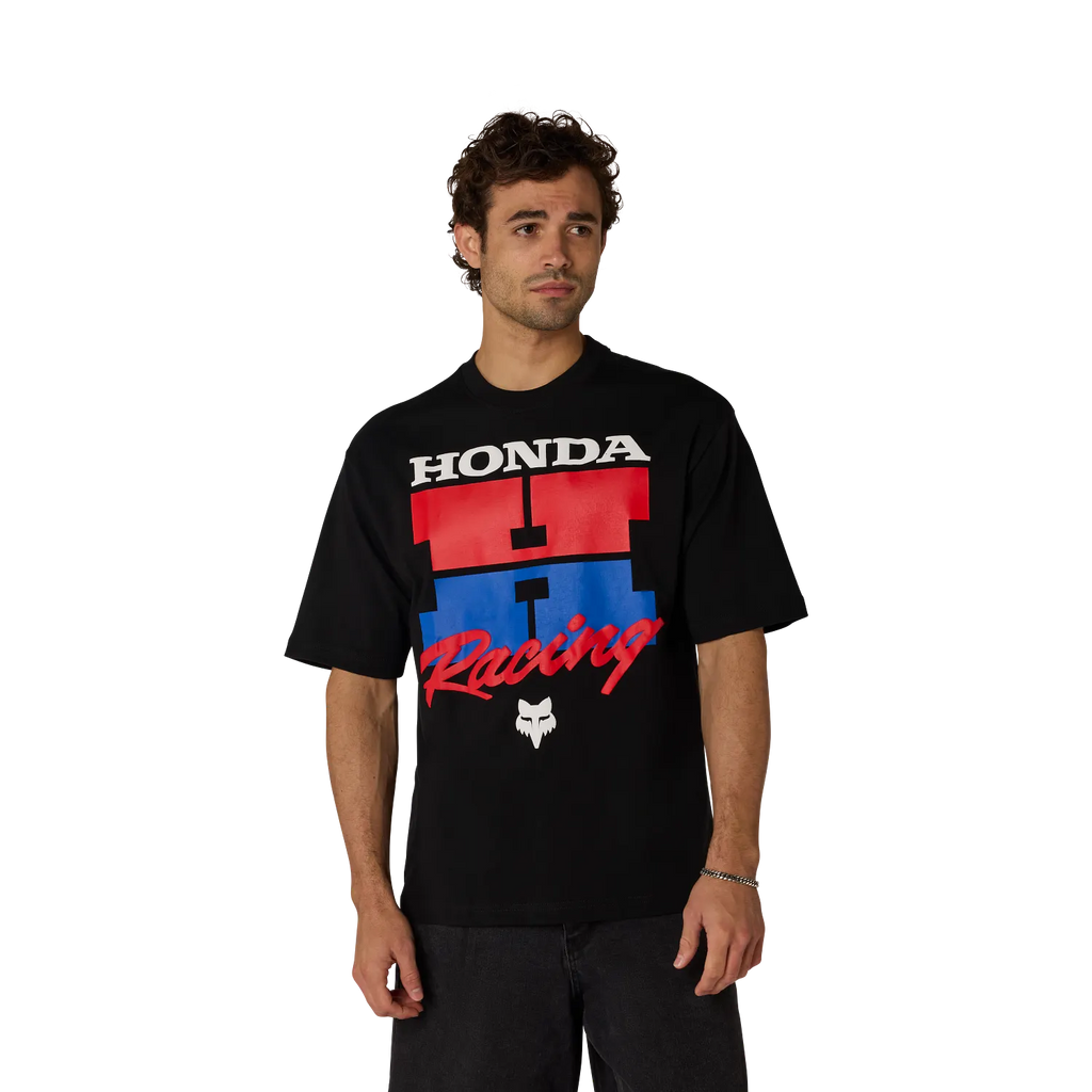 Polera Fox Racing Honda Midweight Tee negra, detalle gráfica Honda