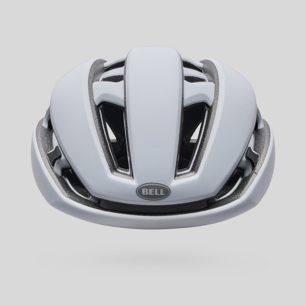 Casco de ciclismo MZ Bikes Bell XR Spherical en color blanco mate y plata con diseño aerodinámico y ventilación