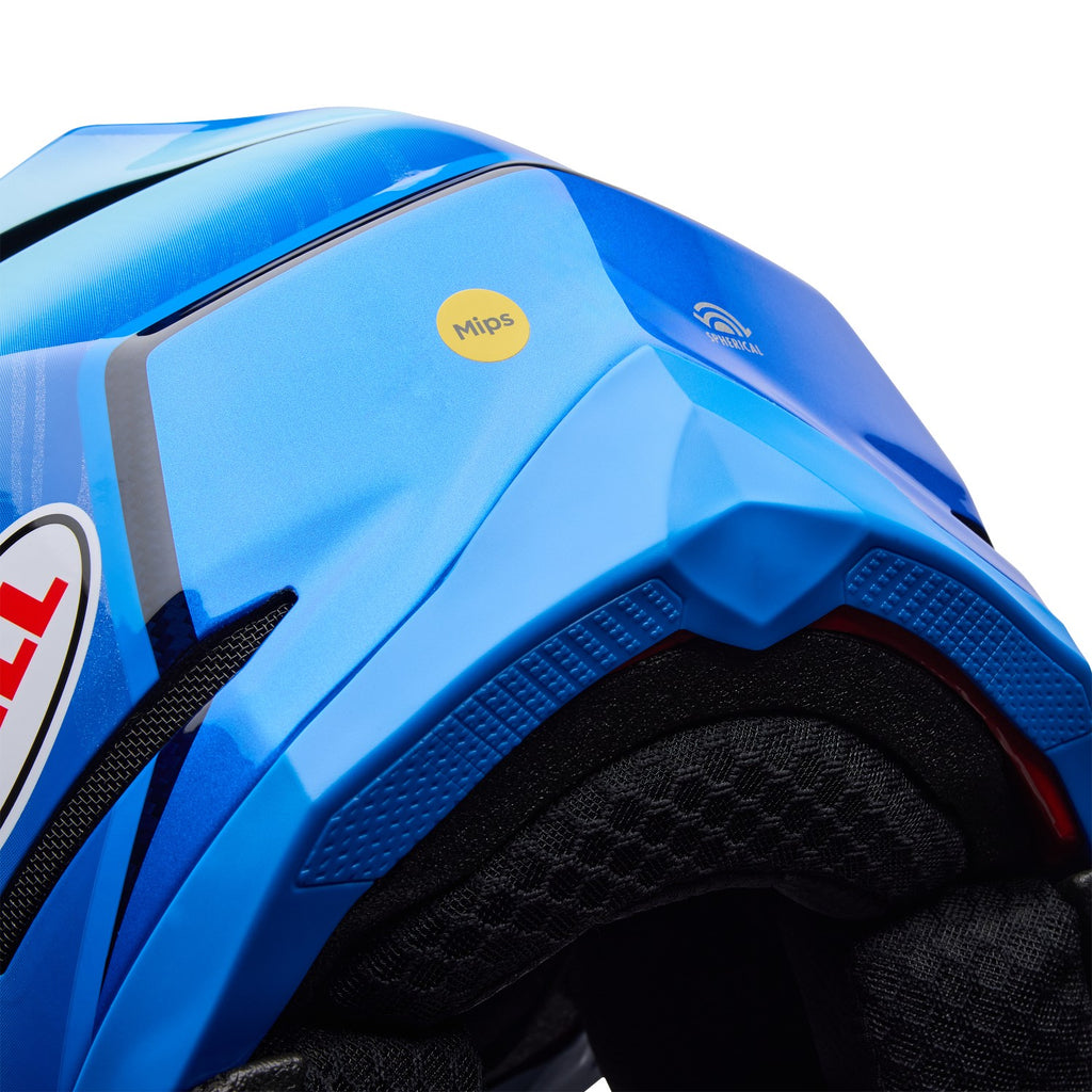 Detalle del logo Mips, ventilación lateral y almohadilla de mejilla del casco Bell Moto-10 Spherical