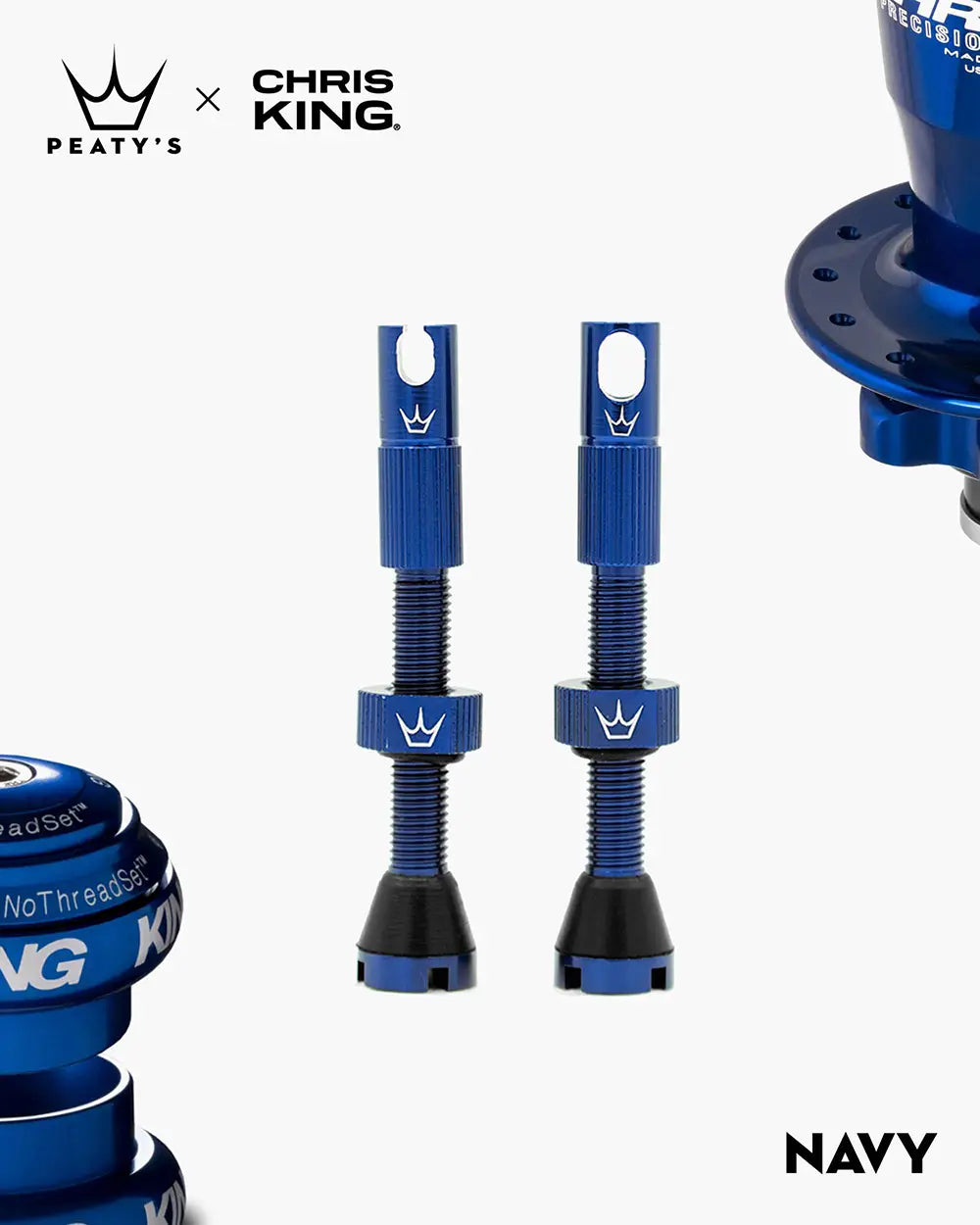 Válvula tubeless Peaty's x Chris King MK2 42mm color azul (Navy), cuerpo de aluminio anodizado
