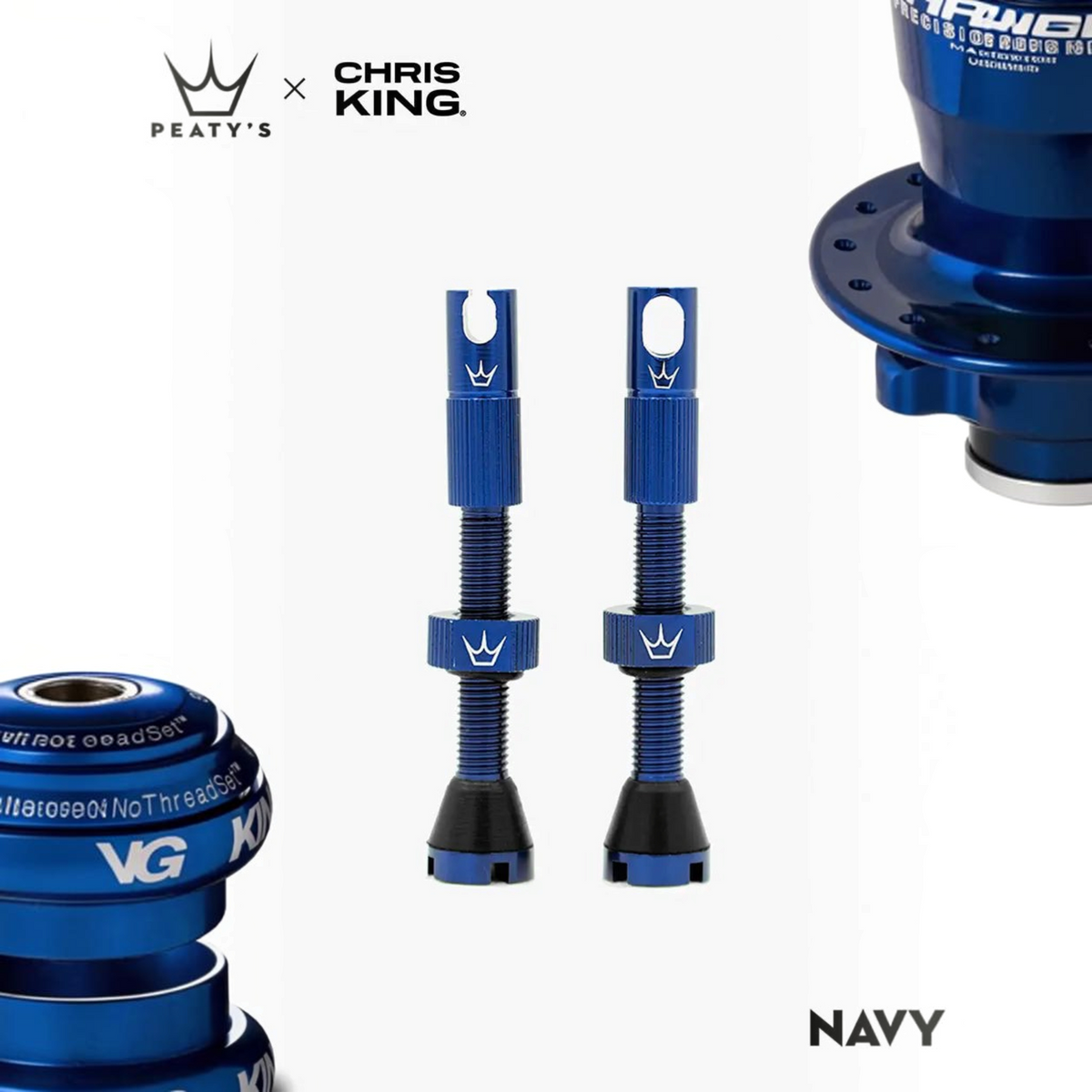 Válvula tubeless Peaty's x Chris King MK2 42mm color azul (Navy), cuerpo de aluminio anodizado