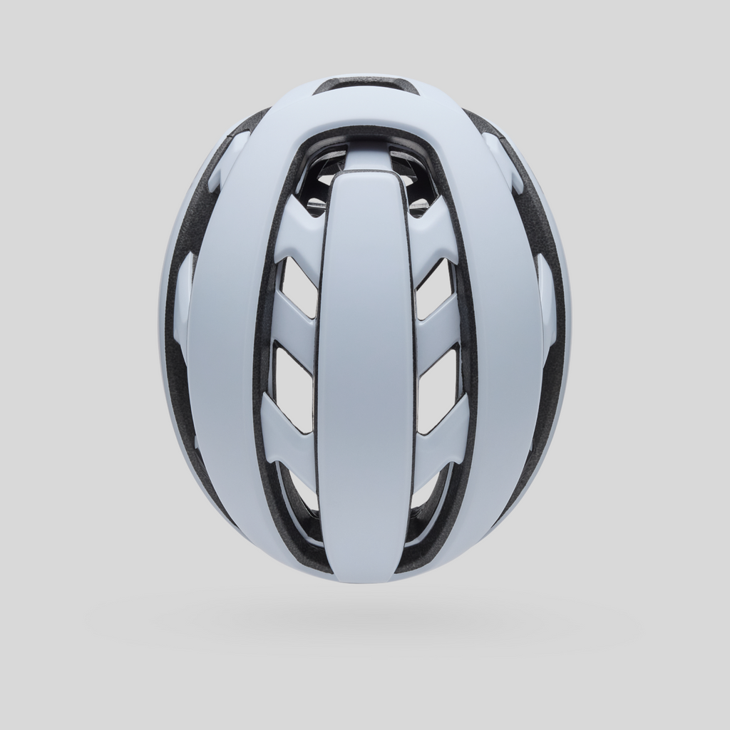 Casco de ciclismo MZ Bikes Bell XR Spherical en color blanco mate y plata con diseño aerodinámico y ventilación