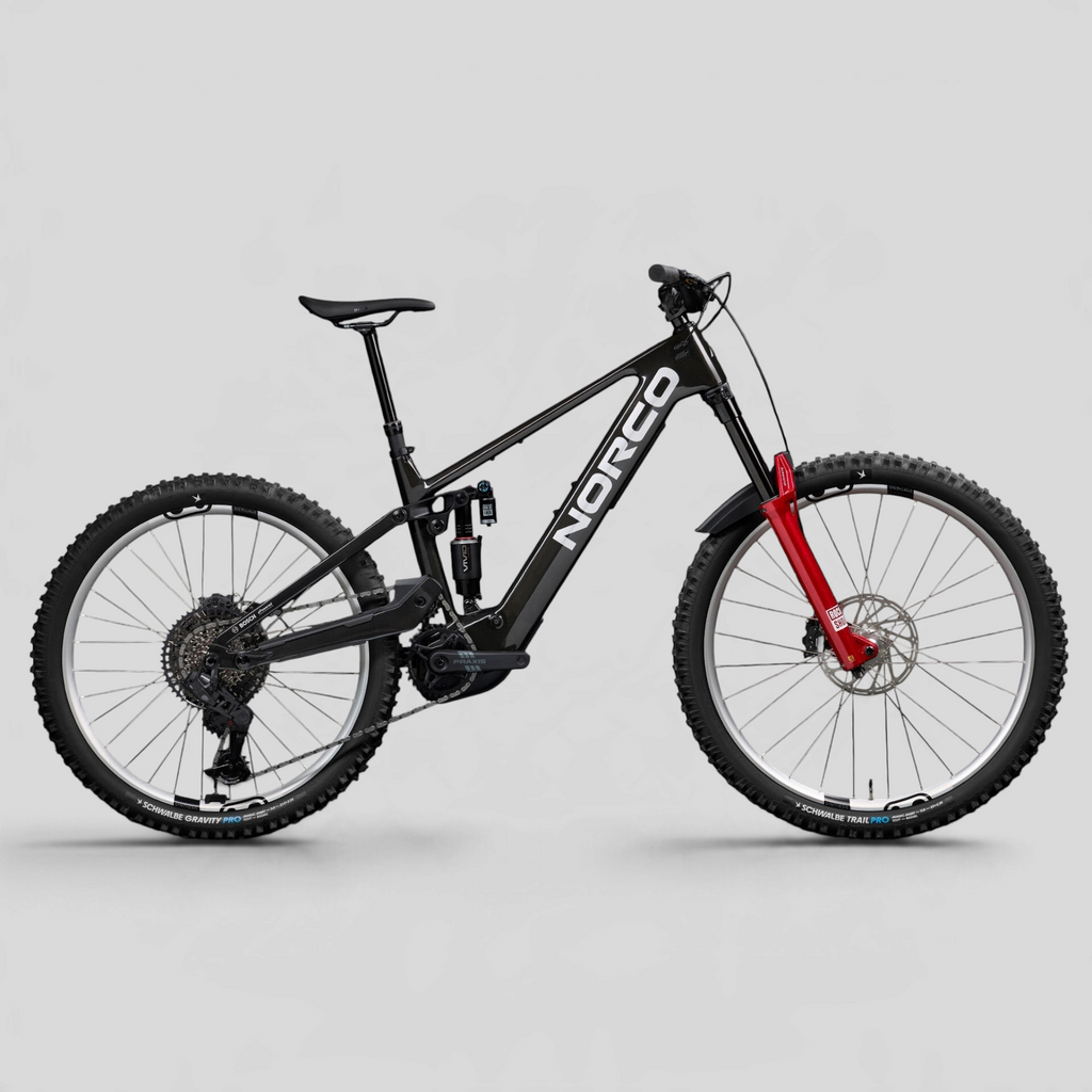 Bicicleta eléctrica de enduro MZ Bikes Norco Range VLT CX C1 en color negro, con suspensión RockShox y motor Bosch.