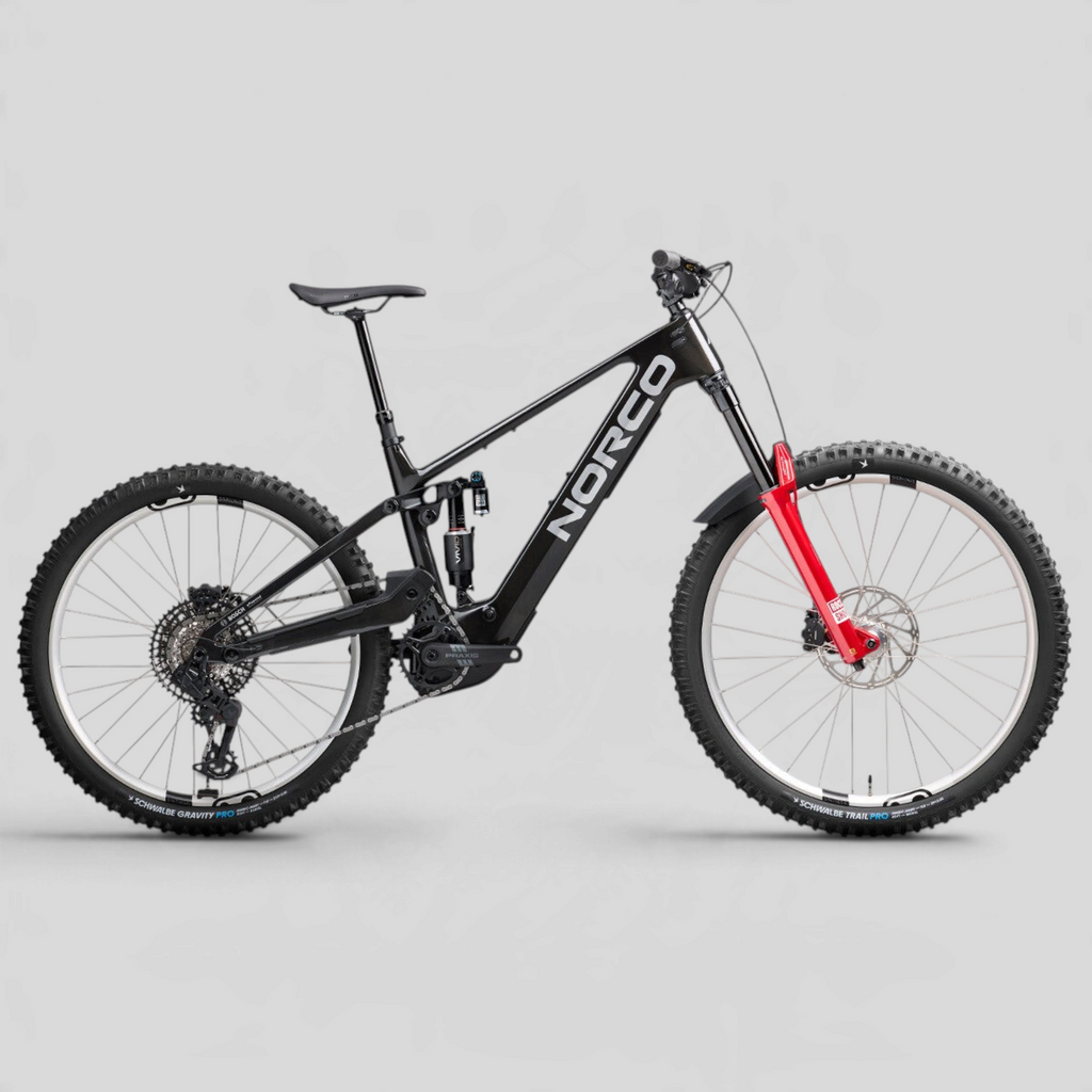 Bicicleta eléctrica de enduro MZ Bikes Norco Range VLT CX C1 en color negro, con suspensión RockShox y motor Bosch.
