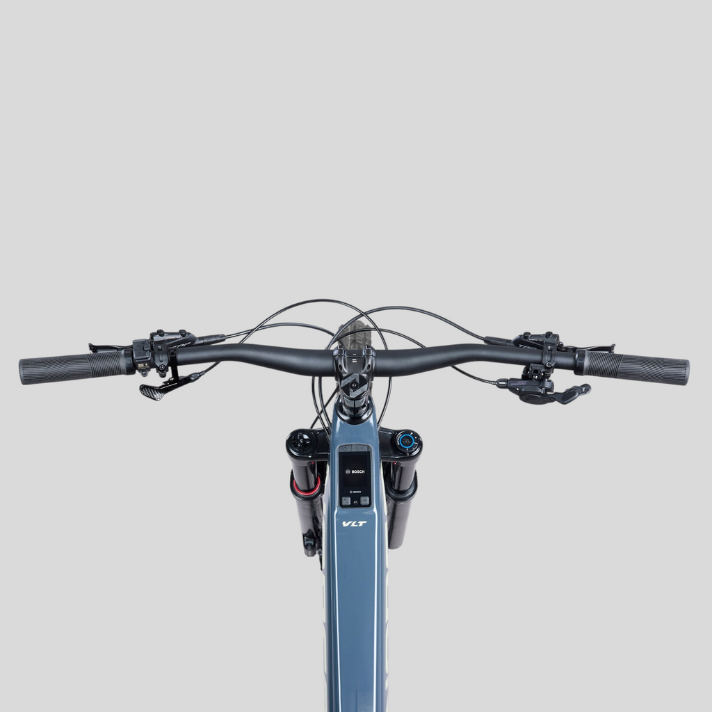 Vista superior del manillar y cuadro de la e-bike MZ Bikes Norco Sight VLT CX C3 en color gris humo con pantalla Bosch