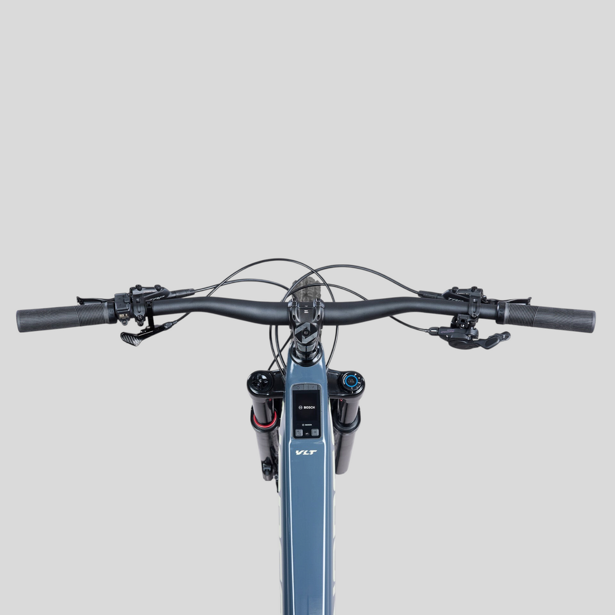 Vista superior del manillar y cuadro de la e-bike MZ Bikes Norco Sight VLT CX C3 en color gris humo con pantalla Bosch