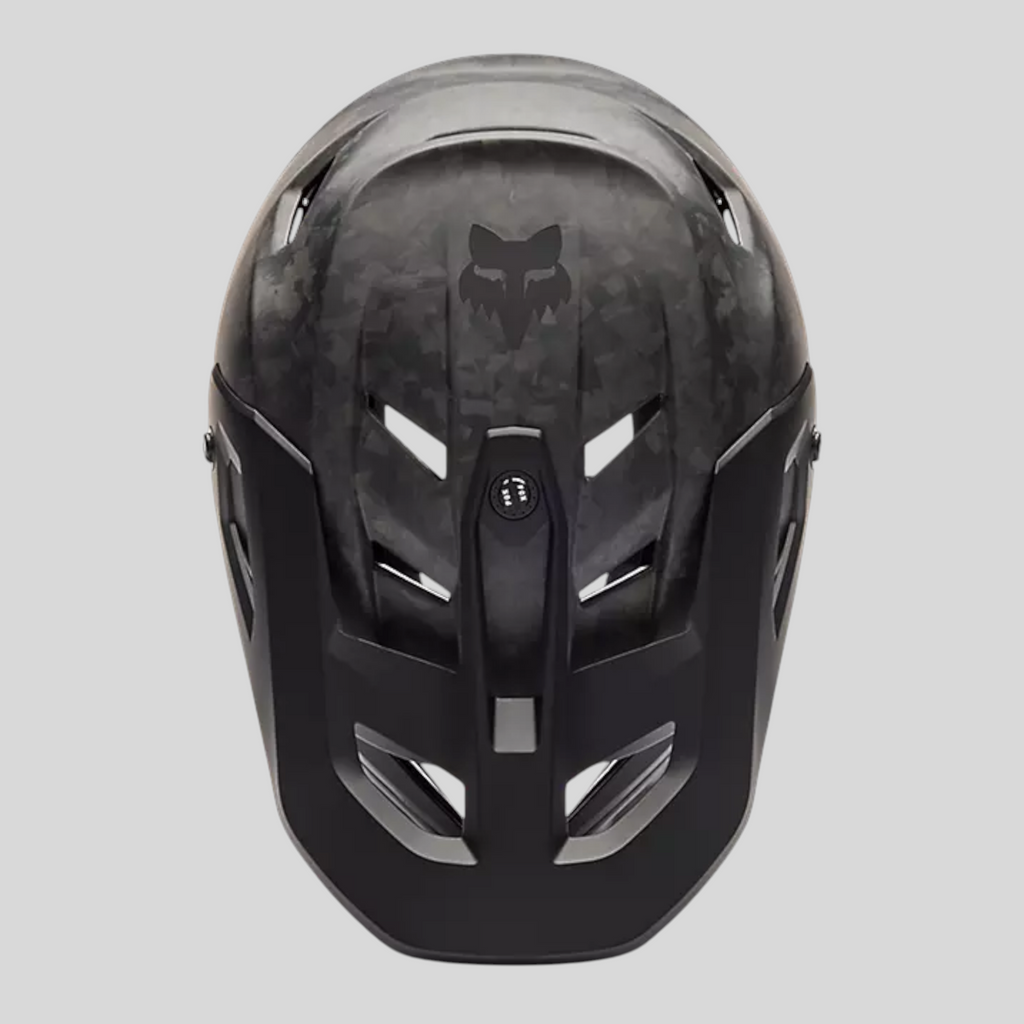 Casco de bicicleta MZ Bikes Fox Racing Rampage RS en color negro mate con acabado de fibra de carbono