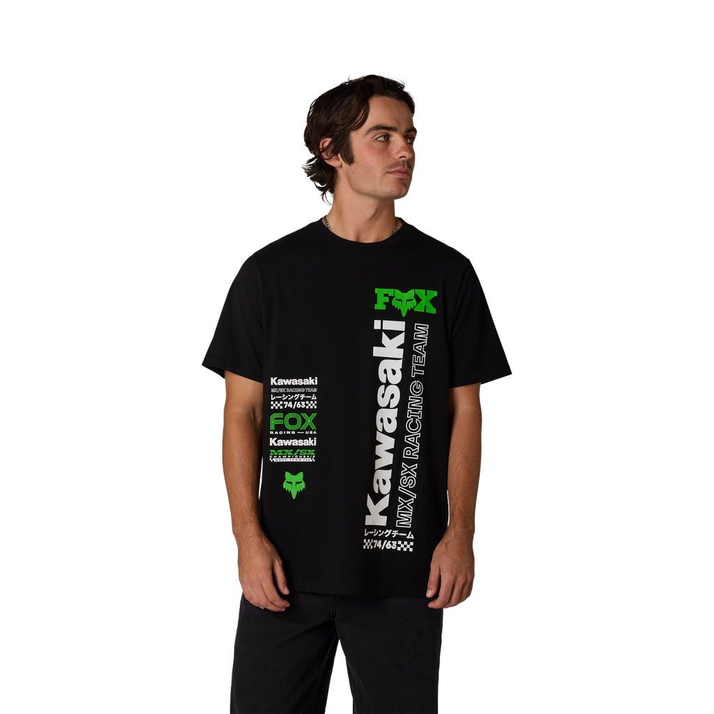 Polera Fox Racing Kawi 195 Original Tee negra, detalle gráfica Kawasaki