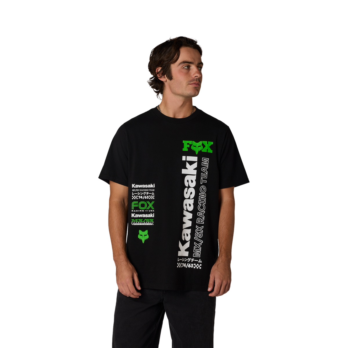 Polera Fox Racing Kawi 195 Original Tee negra, detalle gráfica Kawasaki