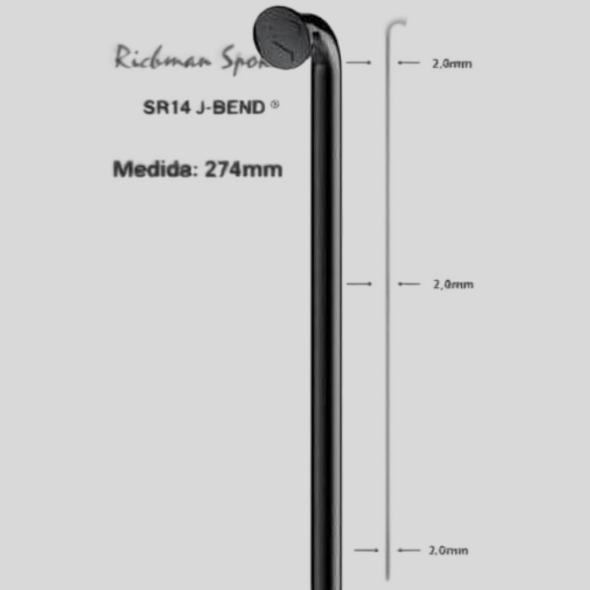 Rayo de bicicleta MZ Bikes Pillar SR14 J-Bend de 2.0 mm en acero inoxidable color negro para ruedas