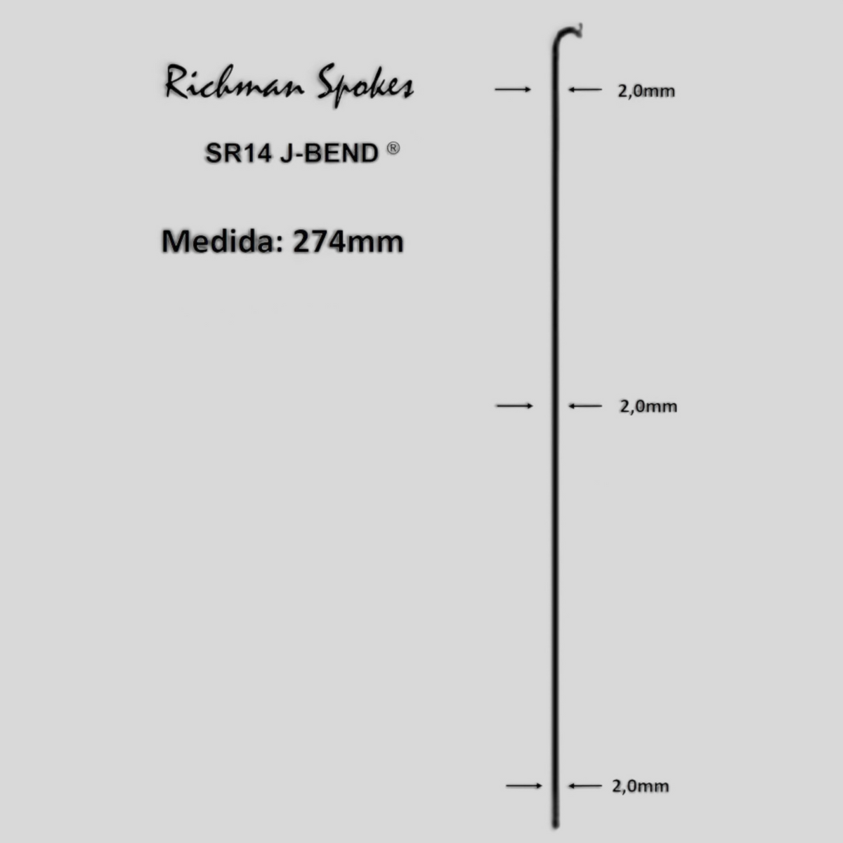 Rayo de bicicleta MZ Bikes Pillar SR14 J-Bend de 2,0 mm en color negro, fabricado en acero inoxidable resistente.